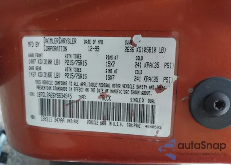 2000 Dodge Dakota Slt/Sport из США, поврежденный, VIN 1B7GL2AZ6YS634945